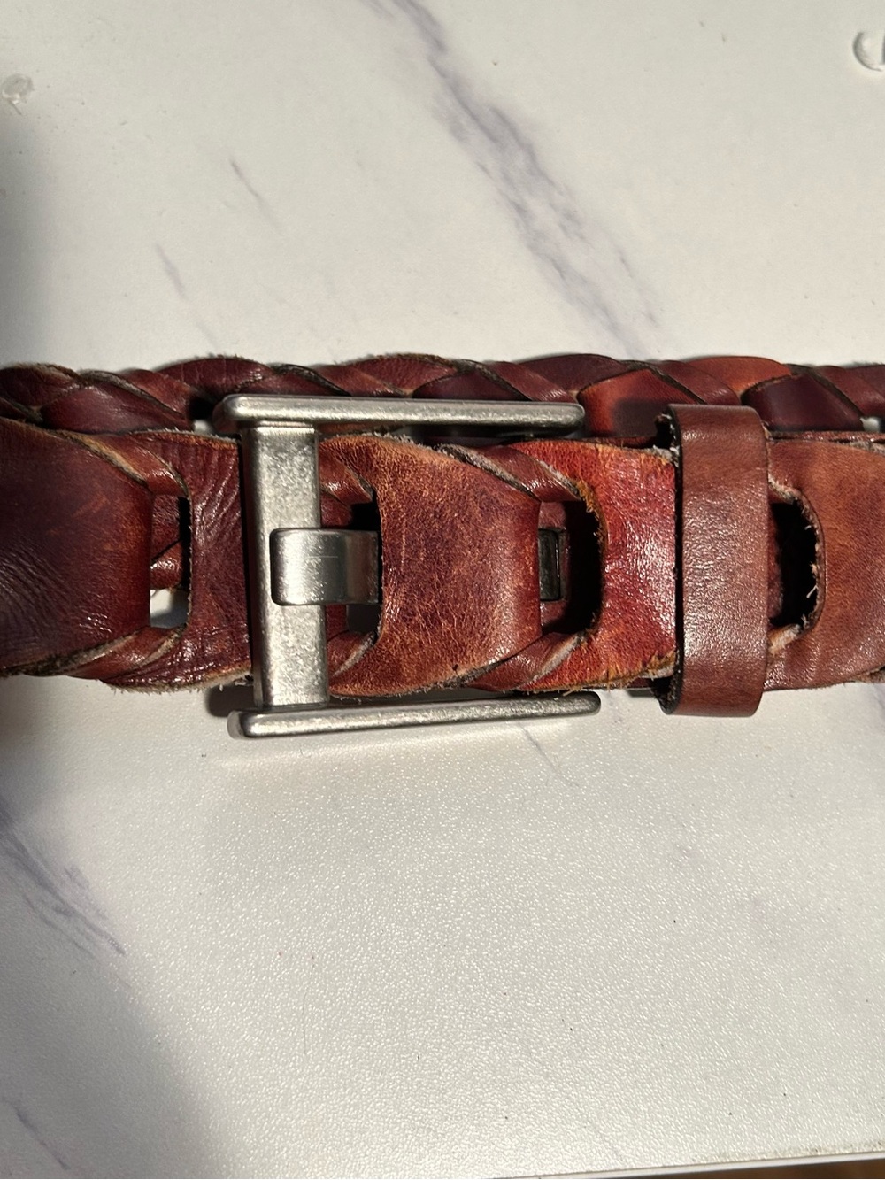 Calvin Klein Woven Brown Leather Belt with Brushed Silver Buckle - Picture 12 of 13